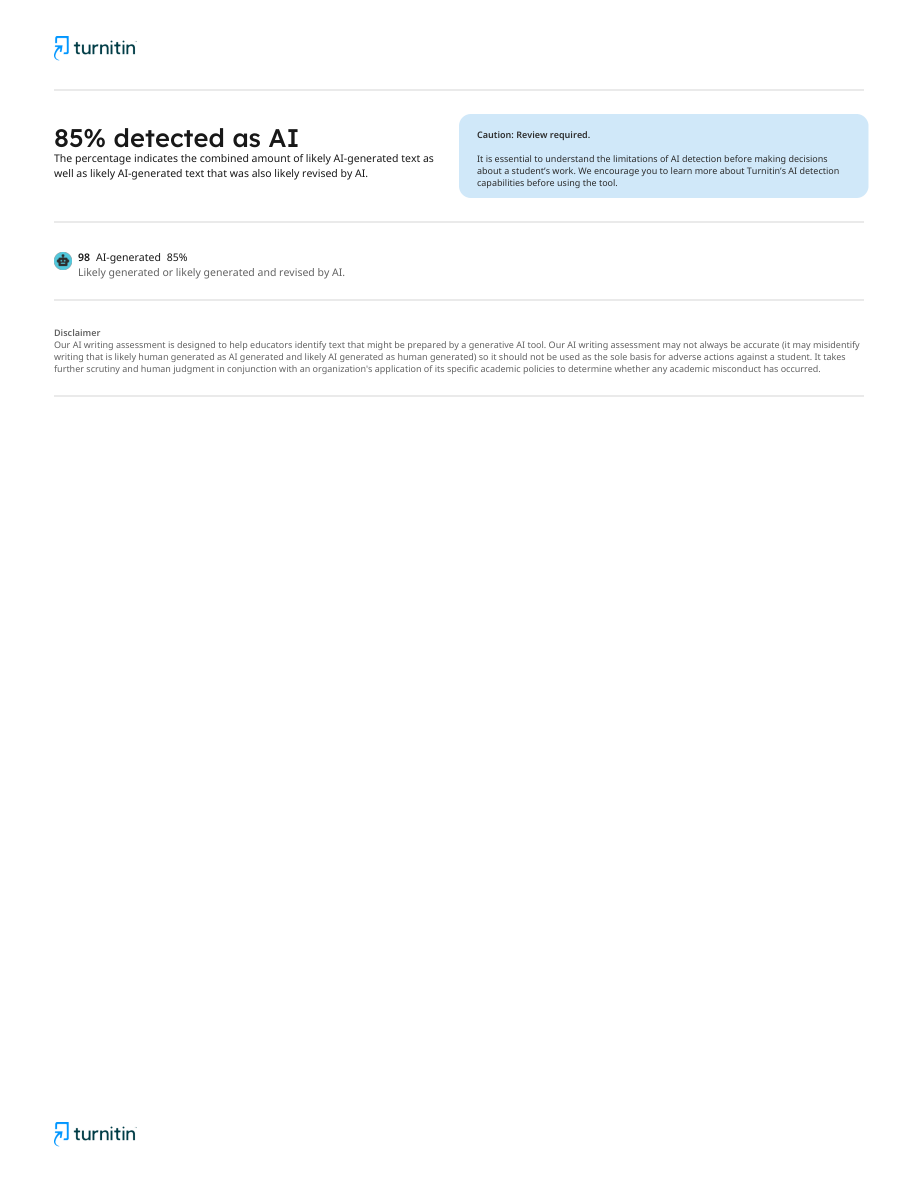 First page of a real Turnitin AI writing report: 85% detected as AI